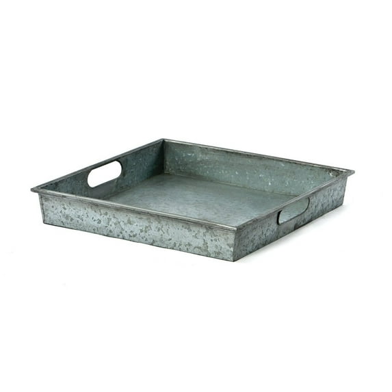 Benjara Benzara Square Galvanized Metal Tray With Handle- Gray