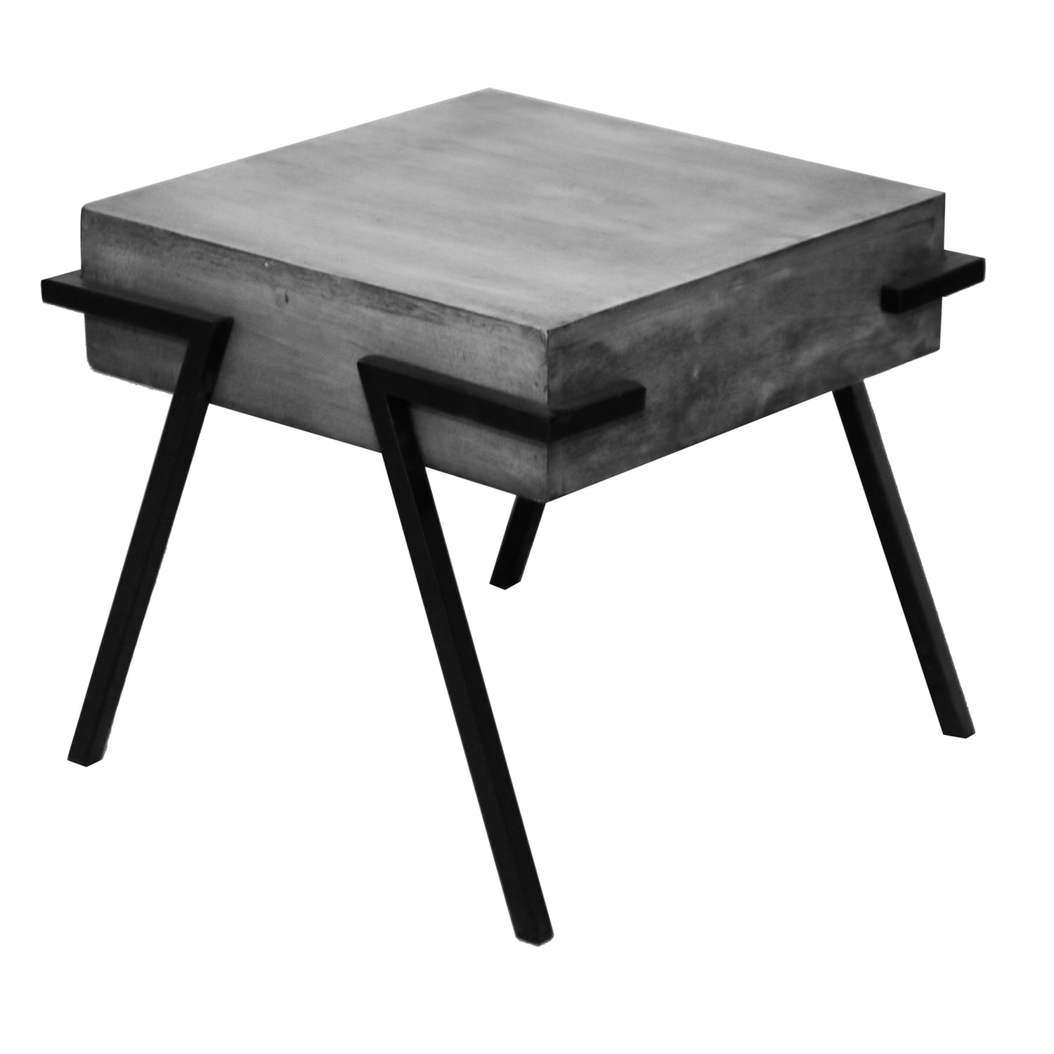 Benzara Square Mango Wood Side Accent Table with Angled Metal Legs, Light Gray and Black