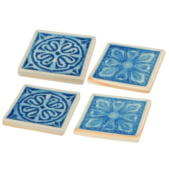 Benzara Square Shaped Ceramic Coaster with Intricate Detail, Blue and Cream, Set of Four