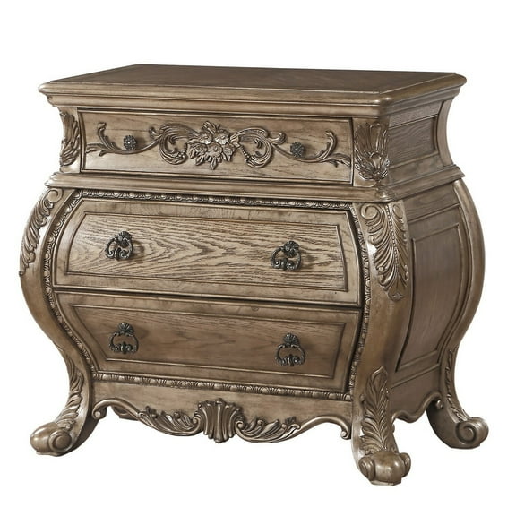 Benzara Three Drawer Nightstand With Antique Handles & Scrolled Legs, Vintage Oak Finish