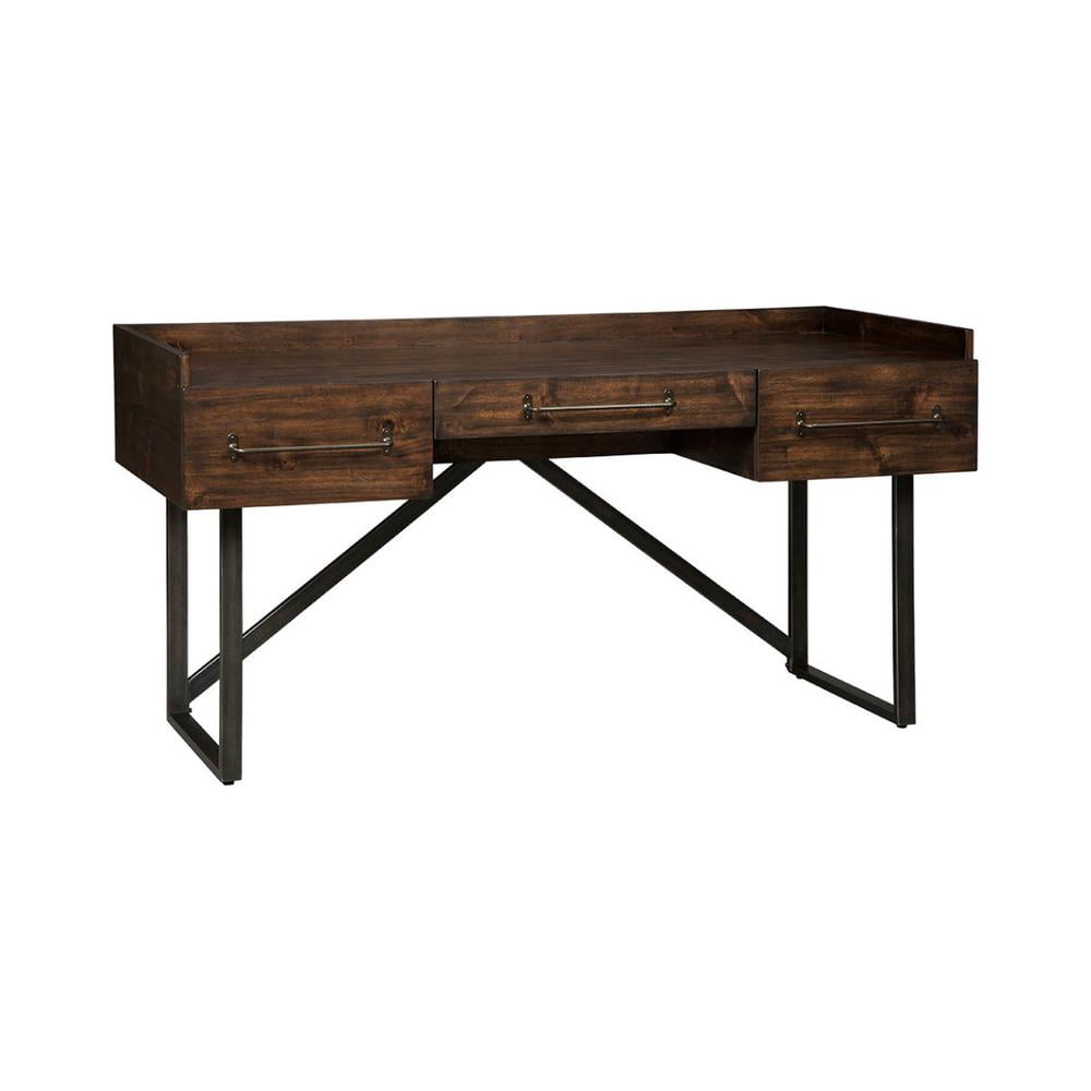 Walnut Brown and Black Wood Desk with Three Drawers