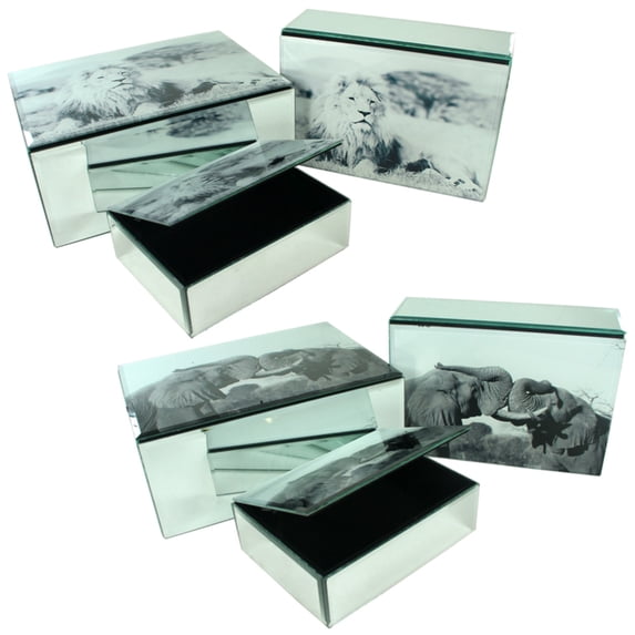 Benzara Three Piece Decorative Printed Glass Box, Assortment Of Two, Gray And White