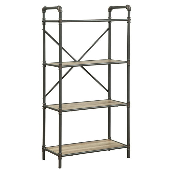 Benzara Three Tier Metal Bookshelf With Wooden Shelves, Oak Brown & Gray