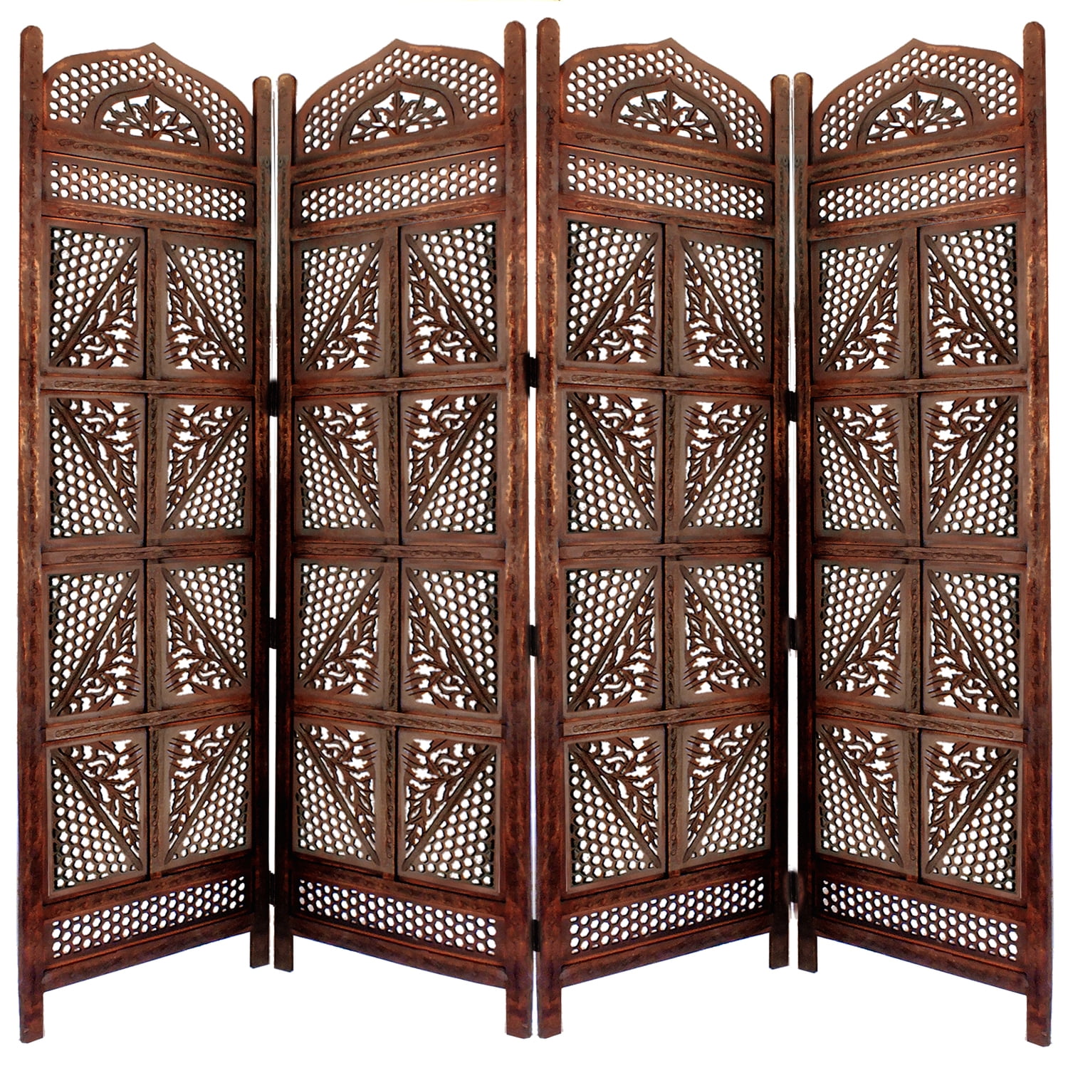 Antique Brown Hand Carved Mango Wood Four Panel Room Divider