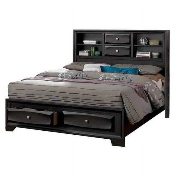 Benzara Transitional Eastern King Bed with Bookcase Headboard and 4 Drawer,Brown