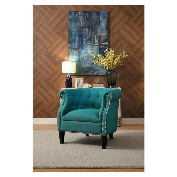Benzara Transitional Polyester Upholstered Button Tufted Accent Chair with Nail Head Trim, Blue-Color:Blue