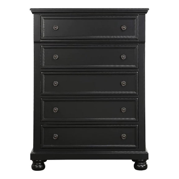 Benjara Transitional Style Five Drawer Wooden Chest with Round Bun Legs- White