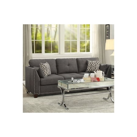 Benzara Transitional Style Wood and Linen Tufted Back Sofa with 4 Pillows, Gray