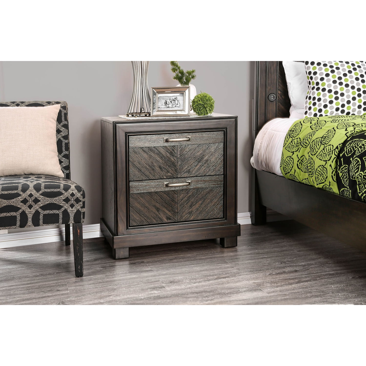 Espresso Brown Metal and Wood Nightstand with V-Shape Plank Design