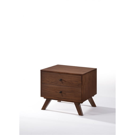Benzara Two Drawer Nightstand with Rod Shaped Pull and Tapered Feet, Walnut Brown