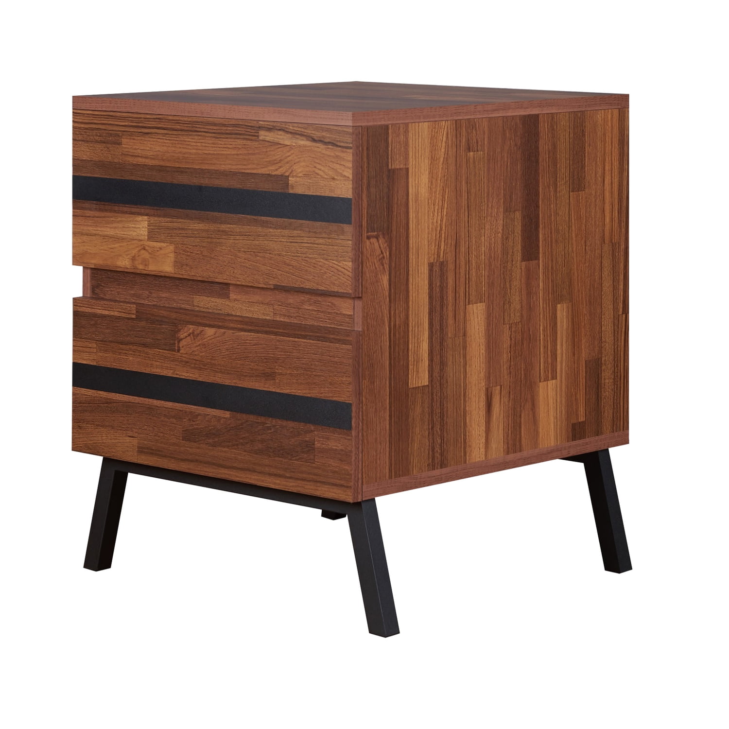 Walnut Brown and Black Wood End Table with Metal Legs and Storage