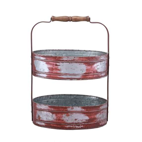 Benzara Two Tiered Galvanized Iron Tray, Red And Gray