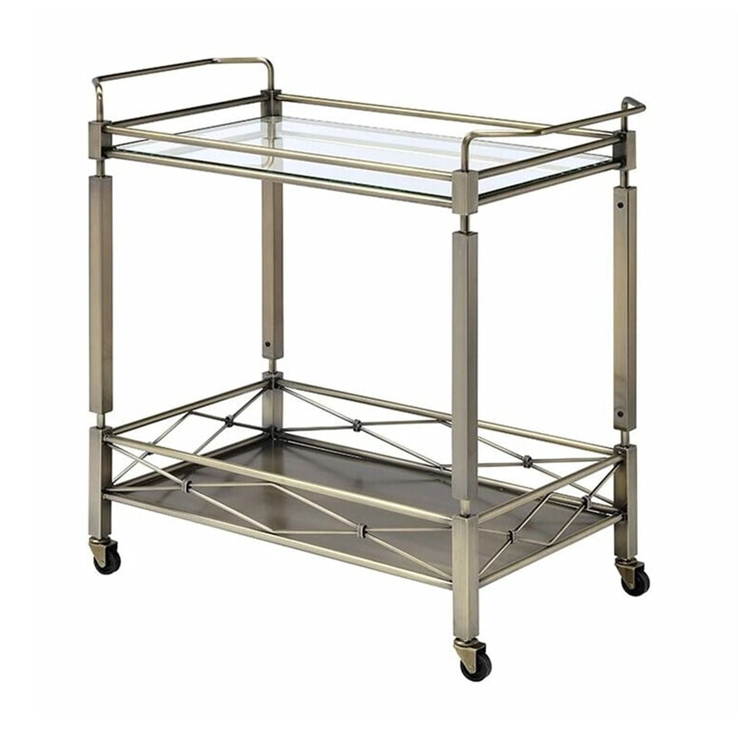 Elegant Antique Gold Metal Serving Cart with Tempered Glass Shelves