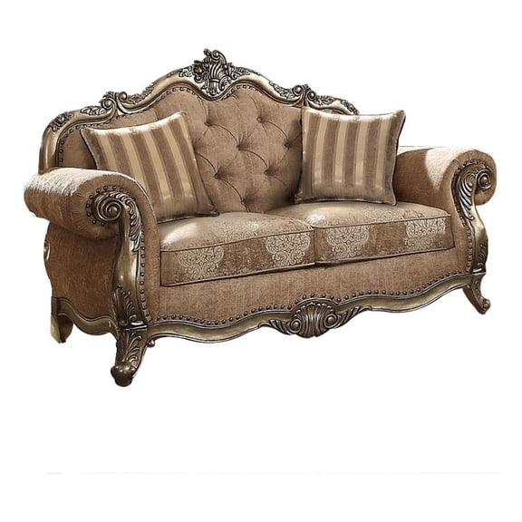 Benjara Scrolled Crown Top Fabric Loveseat with Cabriole Legs- Beige and Brass