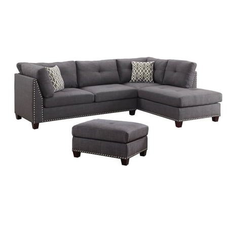 Benzara Upholstered Linen & Wood Sectional Sofa with Ottoman in Light Charcoal