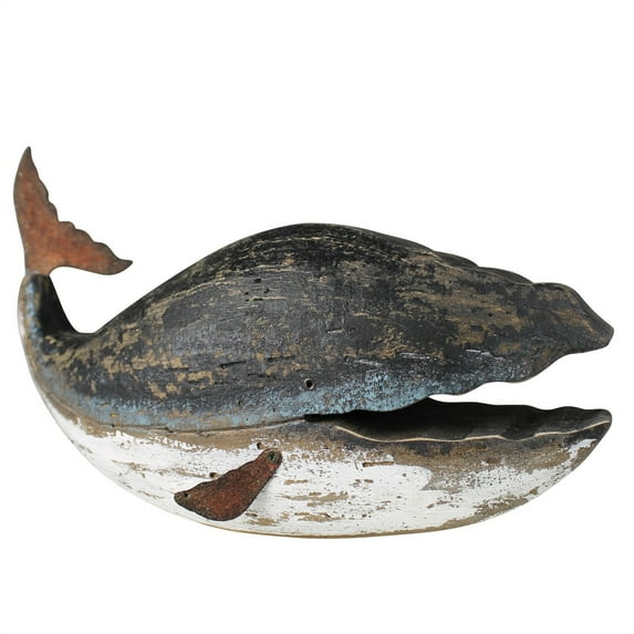 Benzara Whale Figurine with Wooden Frame, White and Blue