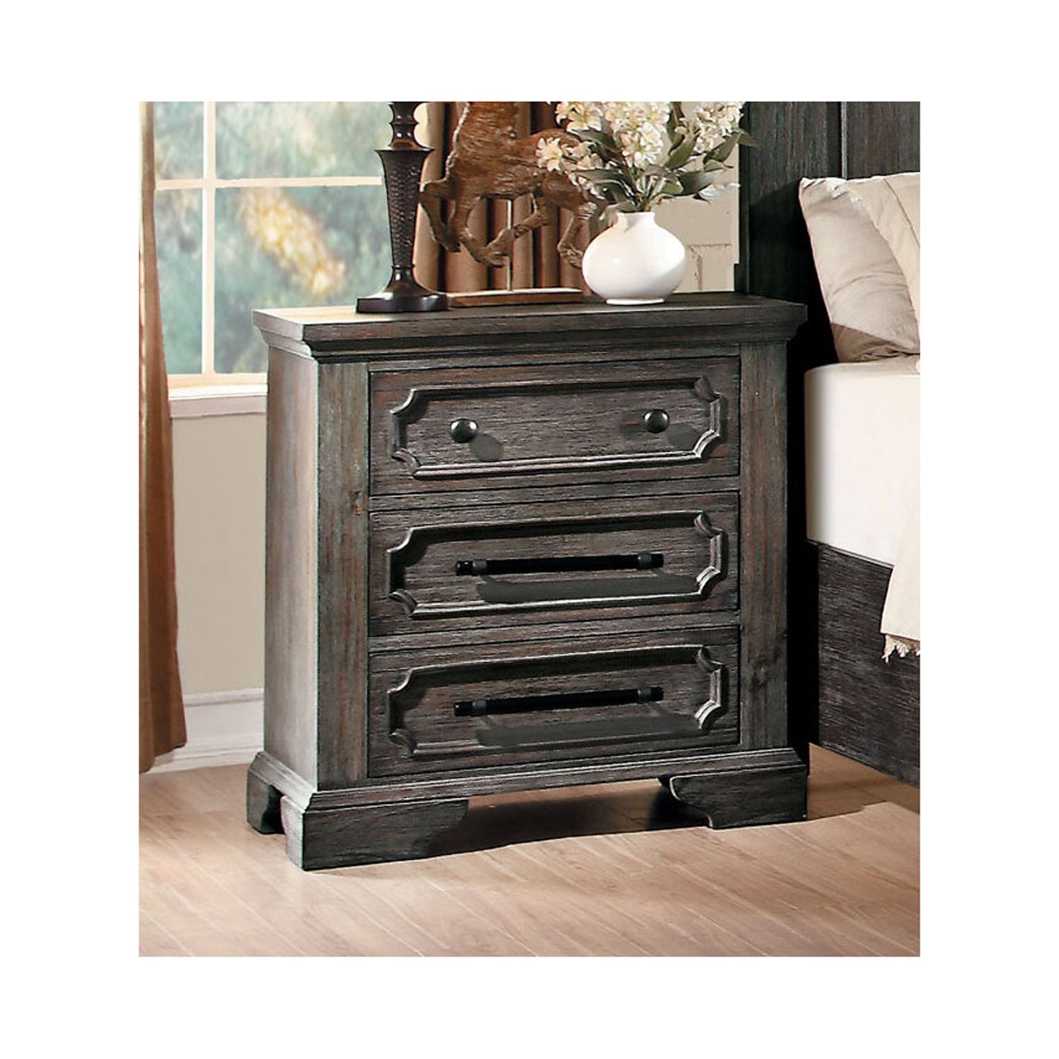 Benzara WireBrushed Acacia Wood Nightstand with 3 Drawers, Brown