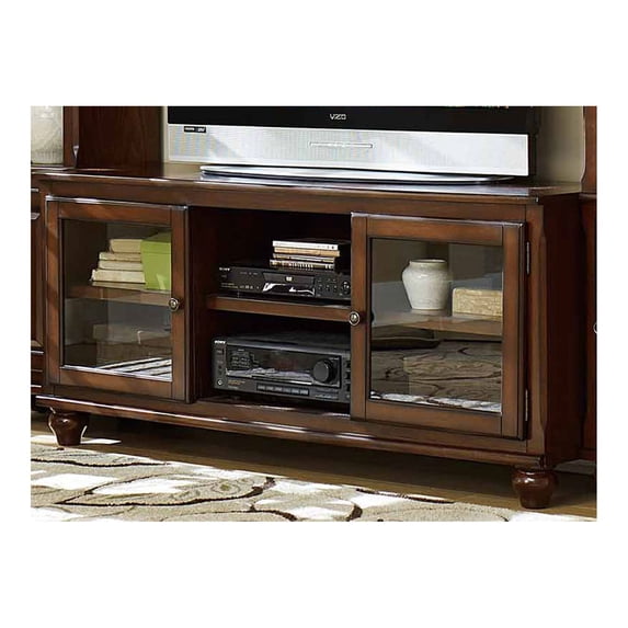 Benzara Wood And Glass TV Stand with Open Shelves, Brown