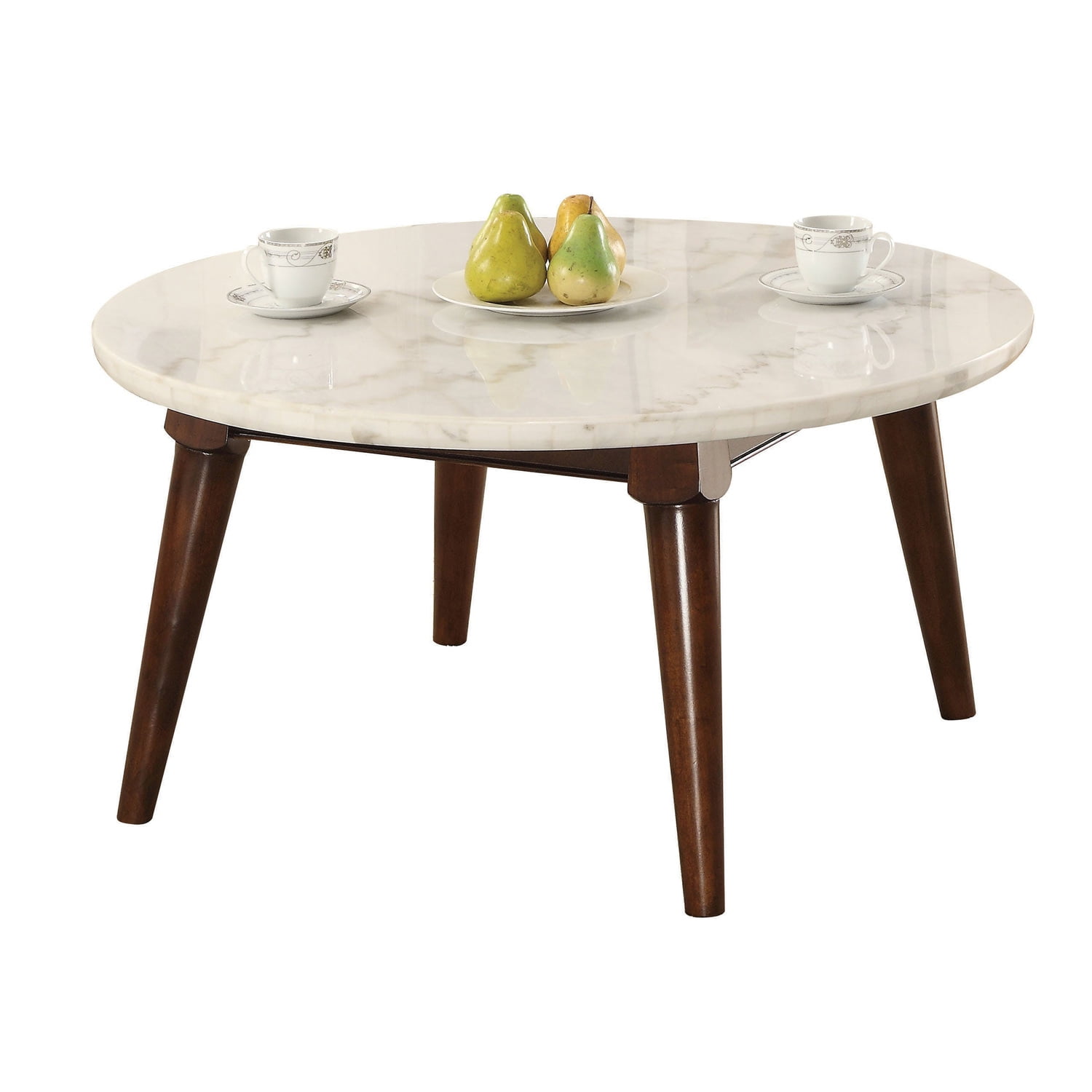 Round Walnut Brown Wood Coffee Table with Faux Marble Top