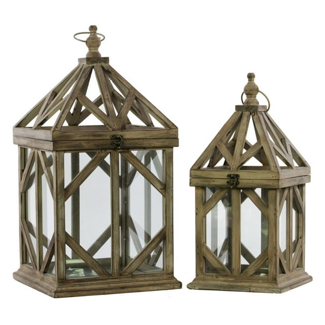 Benzara Wood Lantern with Metal Handle and Glass Sides- Set of 2