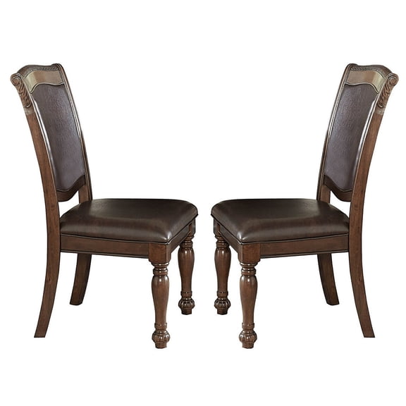 Wood & Leather Dining Side Chair, Cherry Brown & Dark Brown, Set of 2