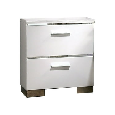 Benjara Wood and Metal Nightstand with 2 Drawers, White and Silver