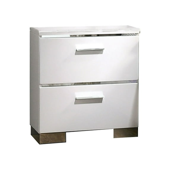 Wood and Metal Nightstand with 2 Drawers, White and Silver