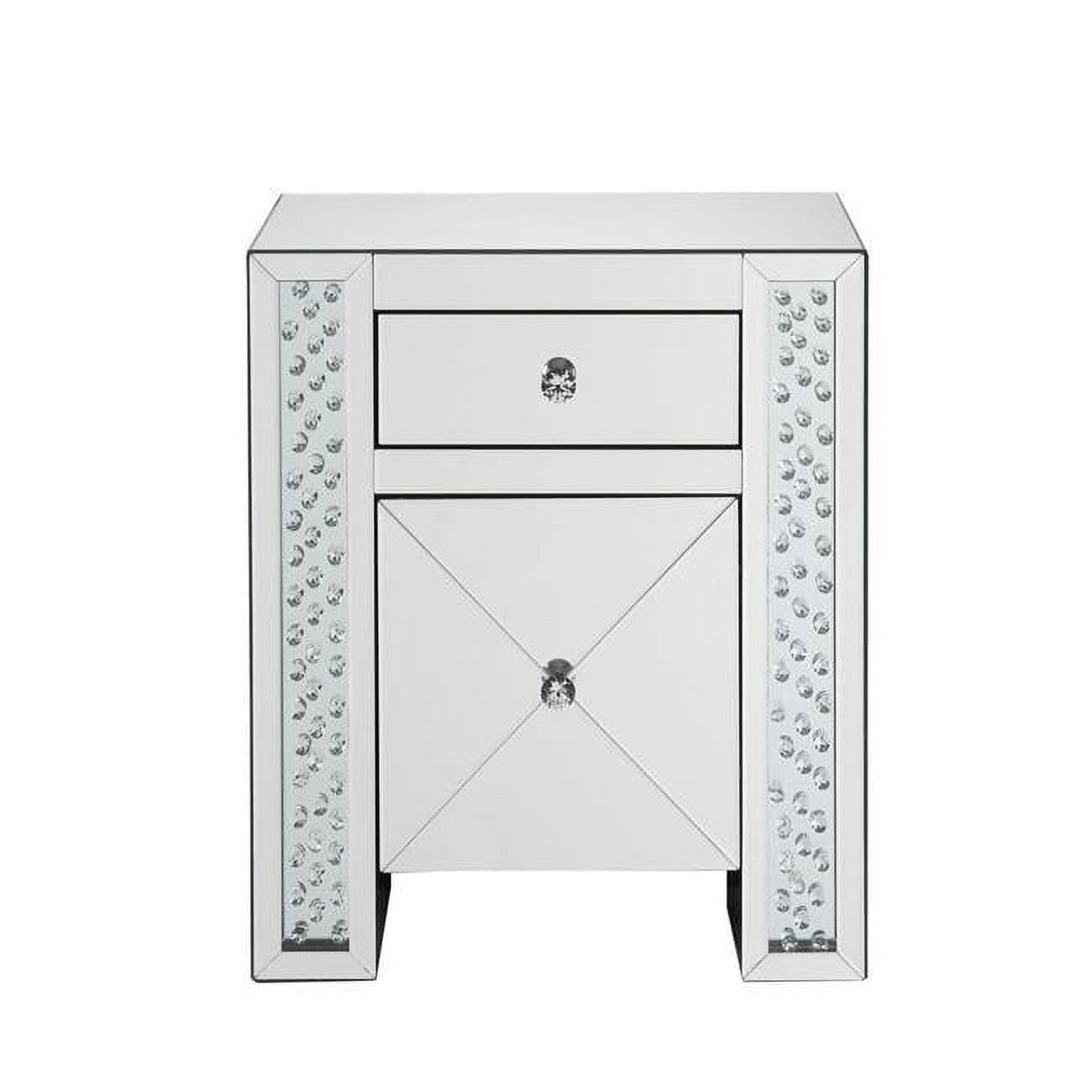 Sleek Silver Wood & Mirrored Nightstand with Crystal Knobs