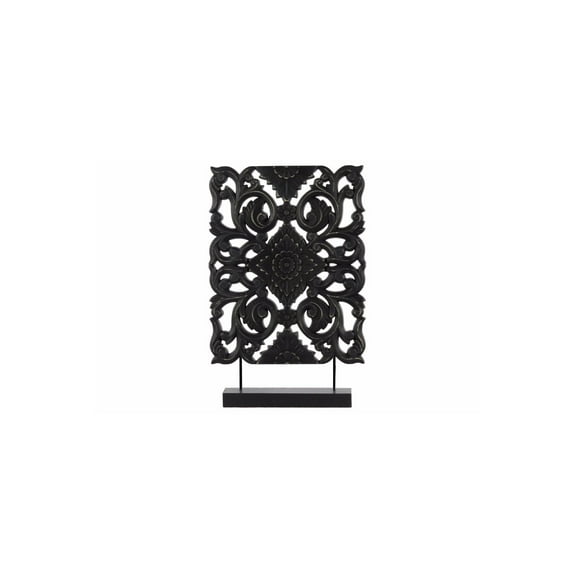 Wood Tall Rectangular Filigree Ornament on Rectangular Stand, Black