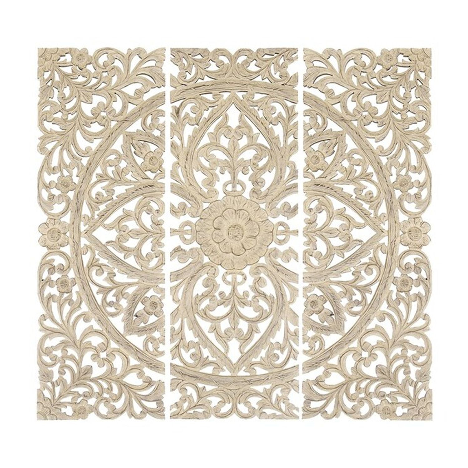 Antique White Floral Hand Carved Wooden Wall Plaque Set