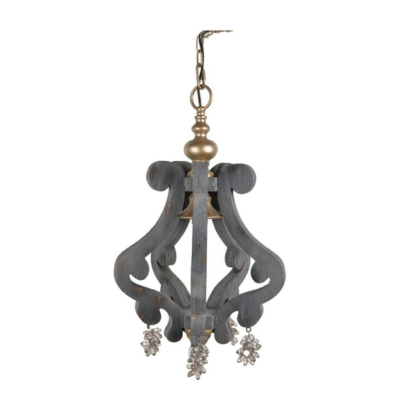Benzara Wood and Iron Chandelier With Crystal Hanging, Gray & Gold