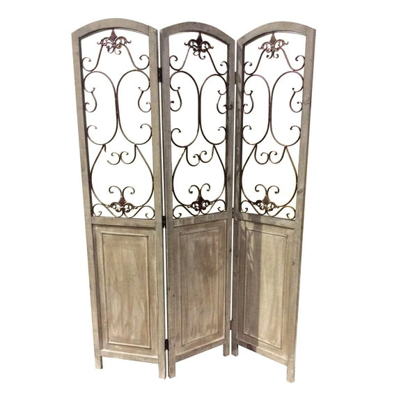 Benzara Wooden 3 Panel Foldable Screen with Metal Scrollwork Details, Brown
