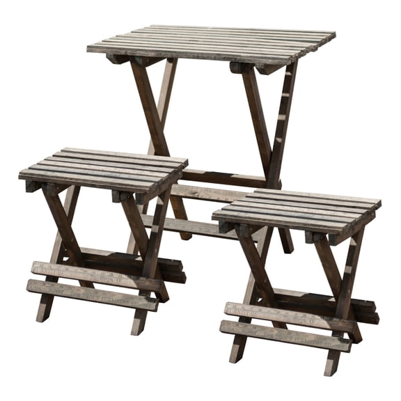 Benjara Wooden Chairs with Slated Plank Table Top and Seats,Set of 3, Brown