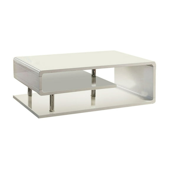 Wooden Coffee Table with Curling Shelf and Metal Poles, White