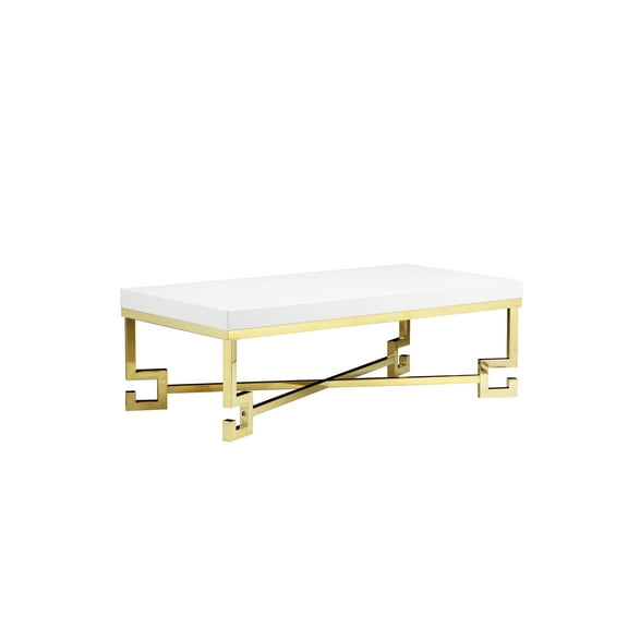 Benzara Wooden Coffee Table with Designer Metal Feet and X Crossed Support, White and Gold