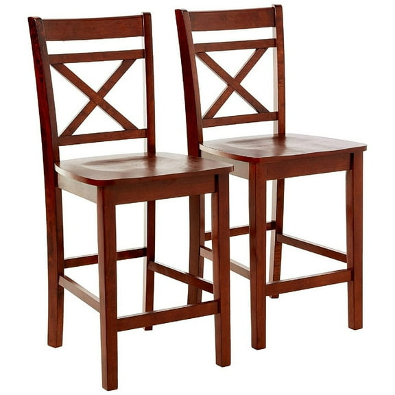 Benzara Wooden Counter Height Chair with Cross Back, Set of 2, Cherry Brown
