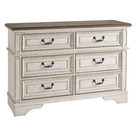 Benzara Wooden Dresser with 6 Storage Drawers and Bracket Feet, Antique White