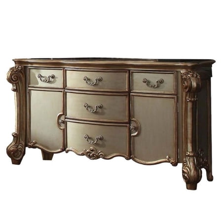 Benzara Wooden Dresser with Scrolled Poster Legs, Gold And Bone White