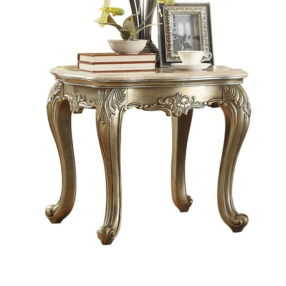Benzara Wooden End Table With Marble Top, Gold