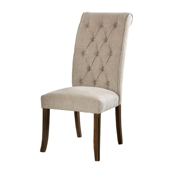 Wooden Fabric Upholstered Side Chair, Ivory And Brown, Pack Of Two