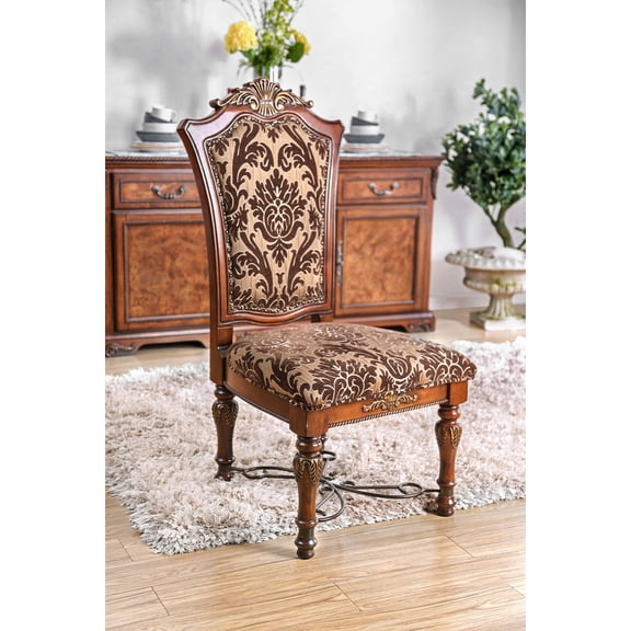 Benzara Wooden Fabric Upholstered Side Chair With Floral Print, Brown, Pack Of Two