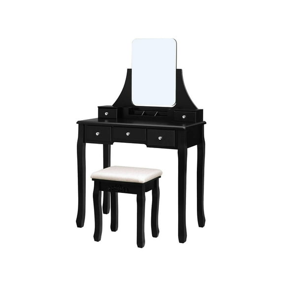Benzara Wooden Frame Vanity Set with Padded Stool and Round Mirror, Black