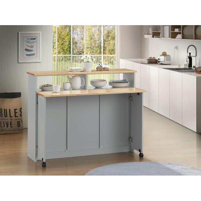 Benzara Wooden Kitchen Cart with Nine Open Compartments and Drop Down Leaf, Brown and Gray