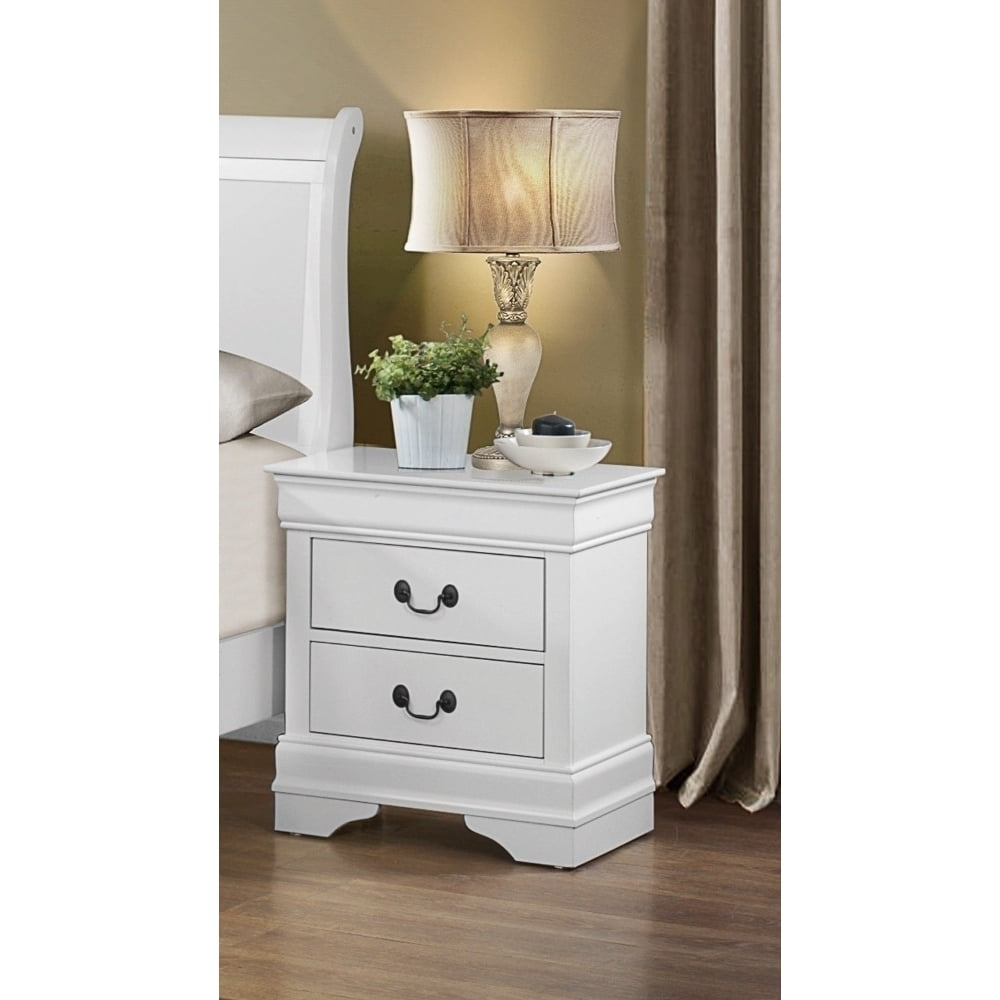 Louis Philippe Inspired White Wood 2-Drawer Nightstand with Brass Tone Handles