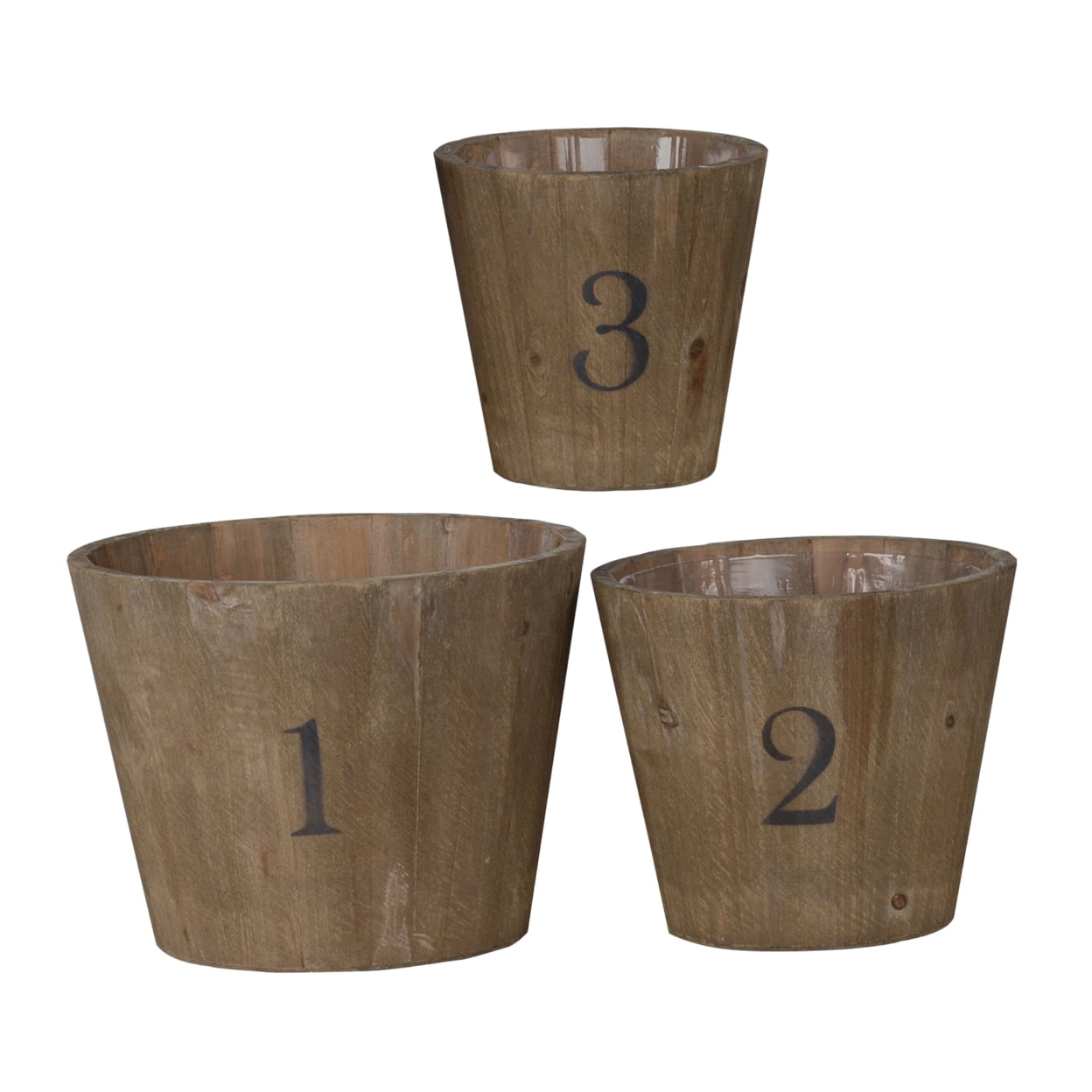 Set of 3 Brown Wooden Round Base Planters