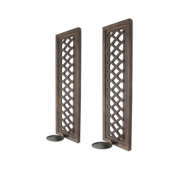 Benzara Wooden Rectangular Candle Holder with Lattice Pattern, Set of 2, Brown