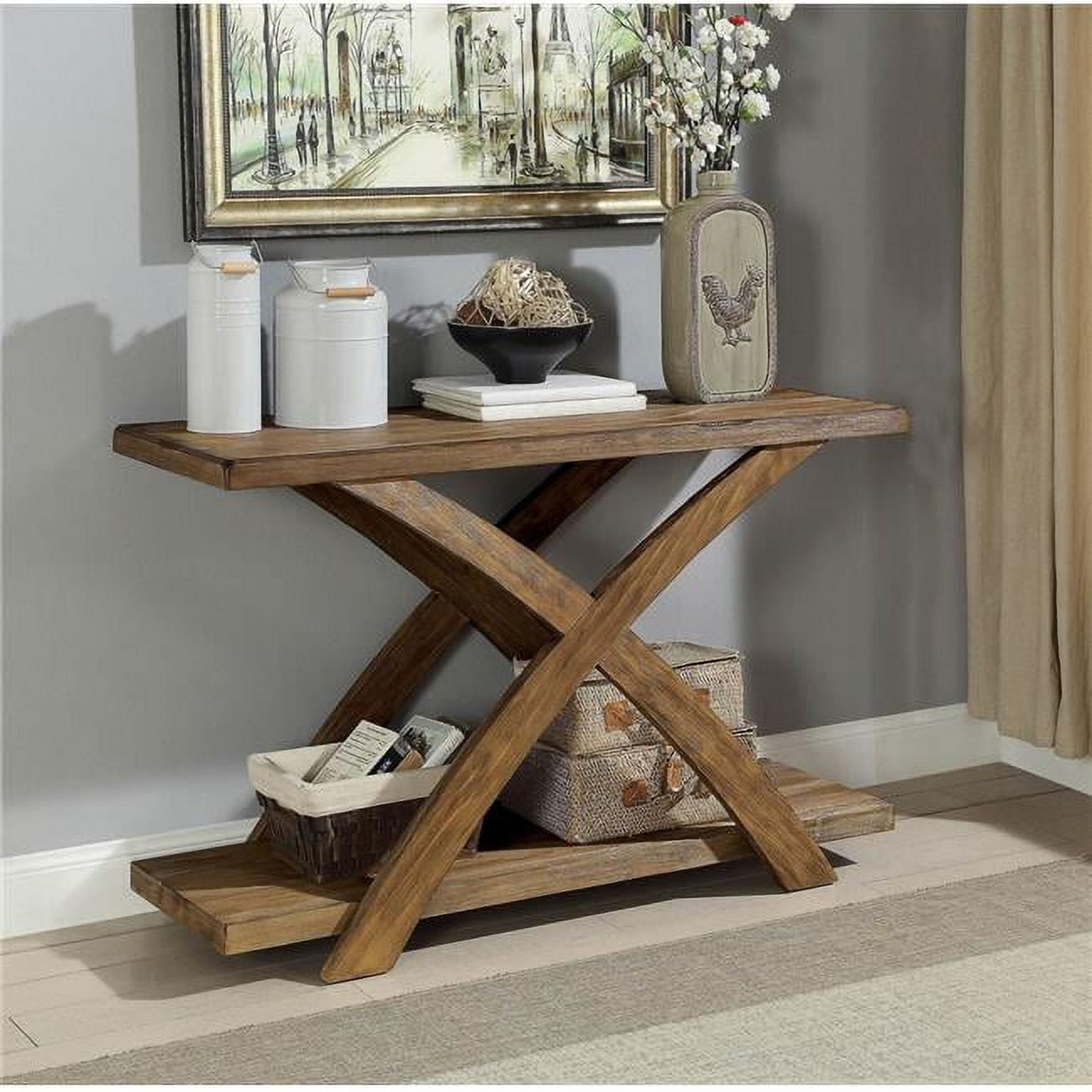 Antique Light Oak Brown Wooden Sofa Table with Storage