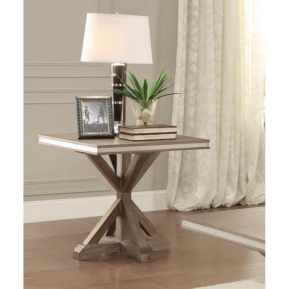 Metal Banded Wooden Square Table With X-Base Pedestal, Natural Rustic Brown