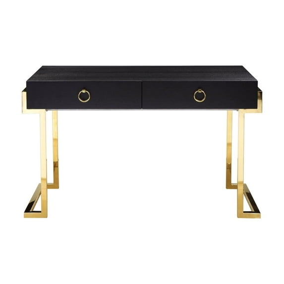 Benzara Wooden Two Drawers Writing Desk with Stainless Steel Legs, Black and Gold