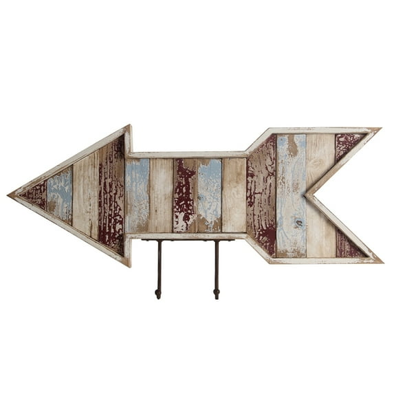Benzara Wooden Wall Decor Arrow with 2 Hooks Pointing Left, Multicolor